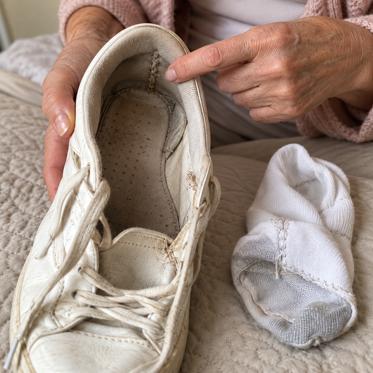 Une main montre la couture à l'intérieur d'une chaussure, à côté d'une chaussette