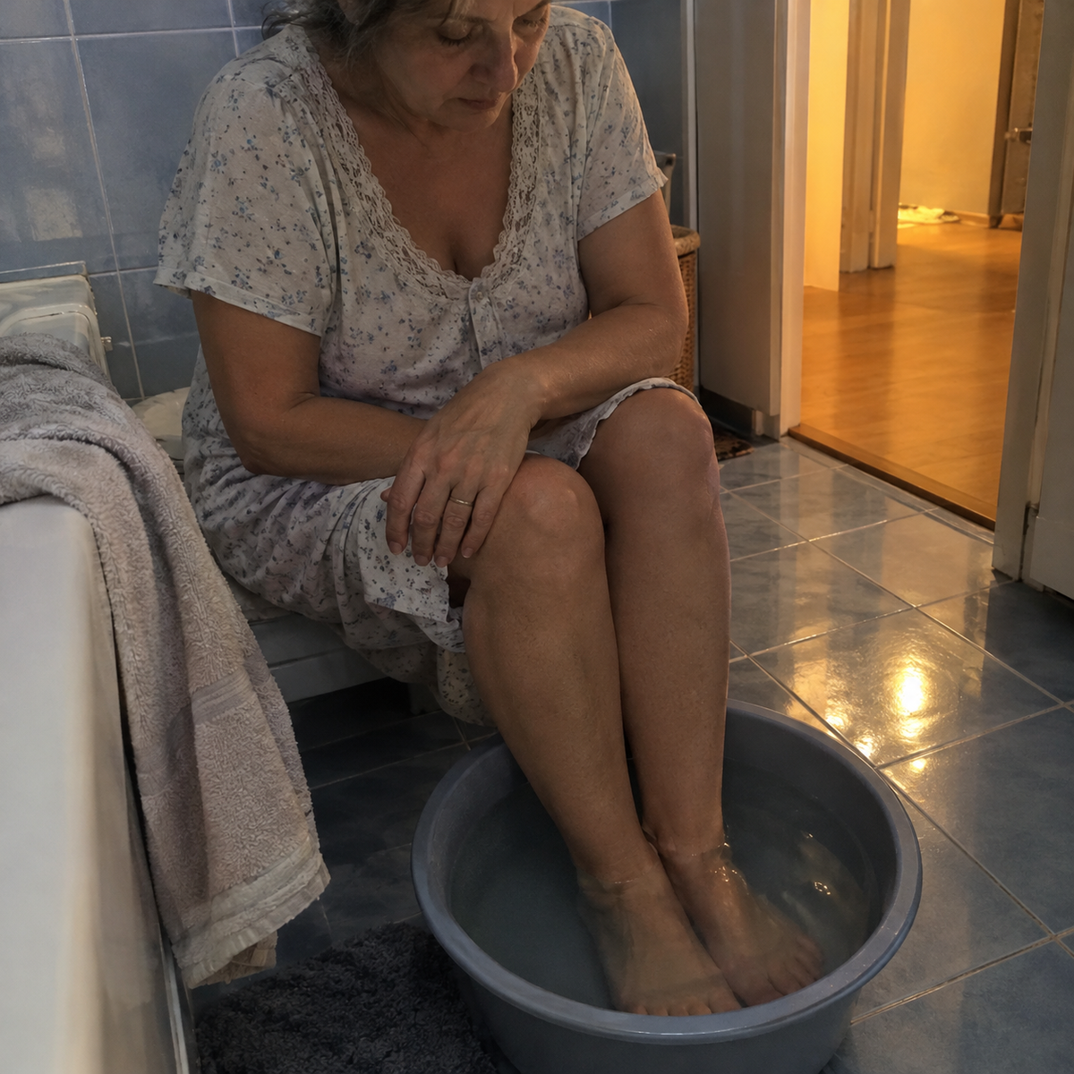 Une femme assise, les pieds dans une bassine d'eau froide